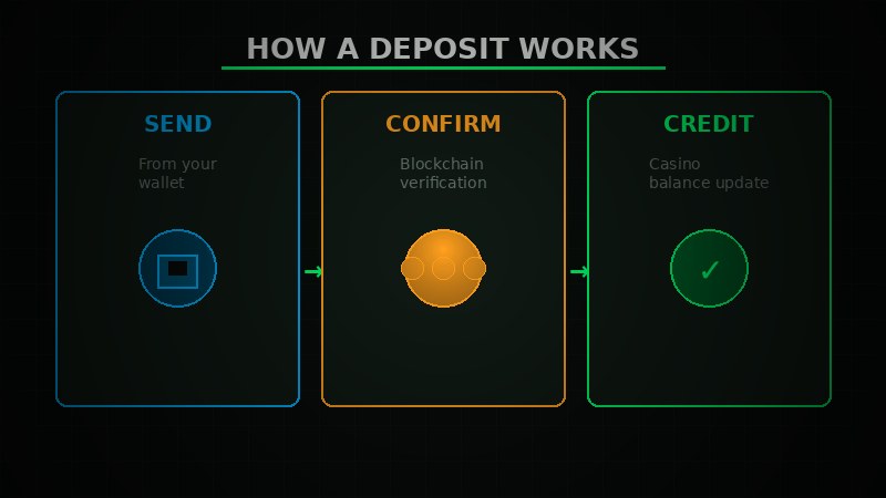 Three abstract panels illustrating a crypto deposit flow: wallet sending, blockchain confirmation, and casino balance update