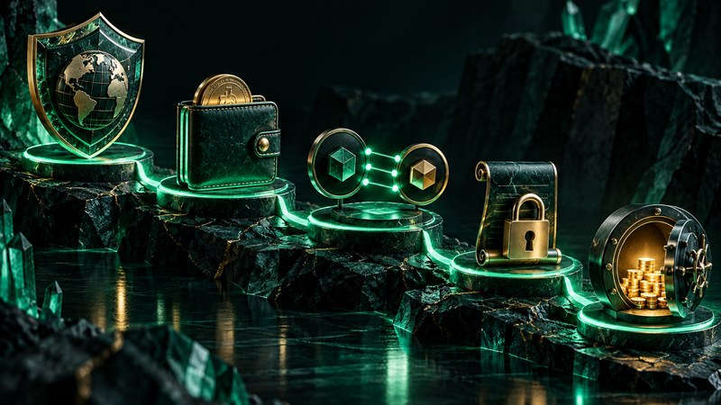 Five abstract safety checkpoints for jurisdiction, wallet, network, terms, and withdrawals