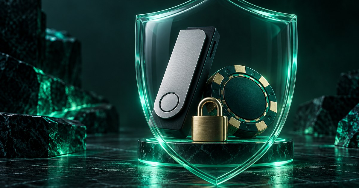 Hardware wallet, casino chip, and lock protected by an abstract emerald shield