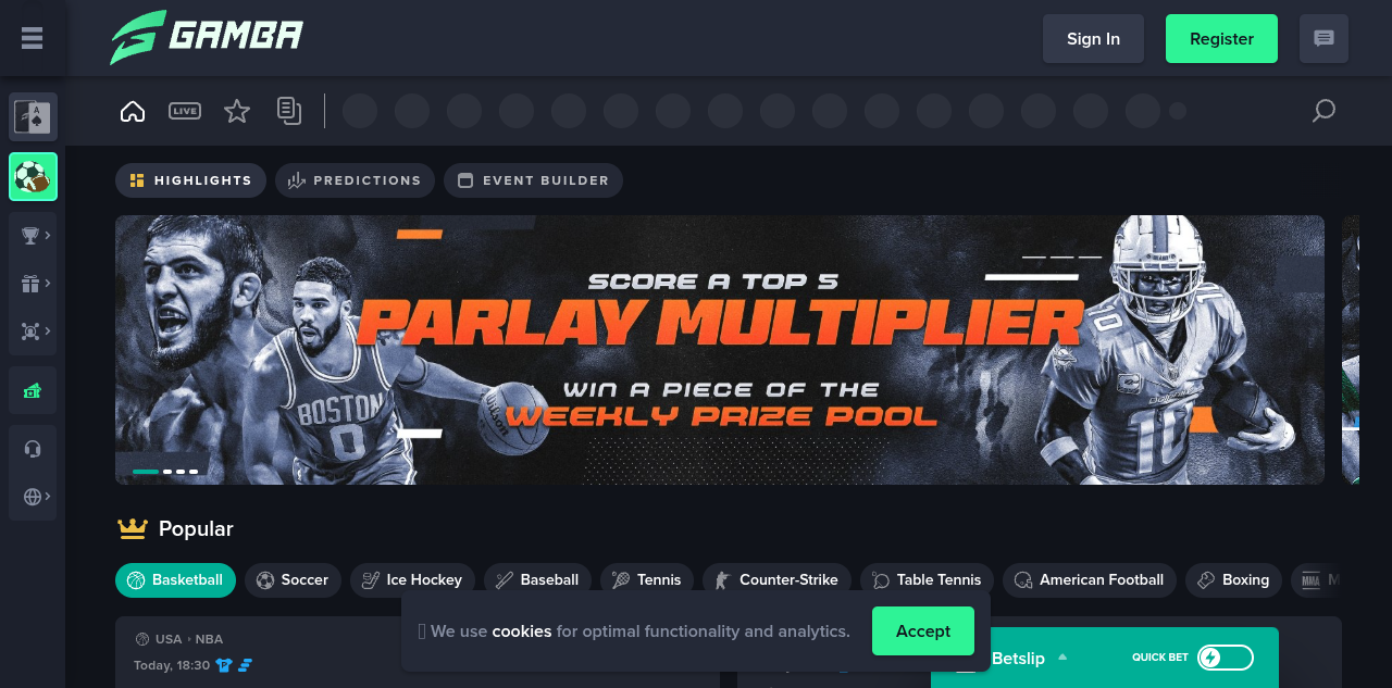 Gamba sportsbook interface showing NFL odds, prop markets, and live in-play betting
