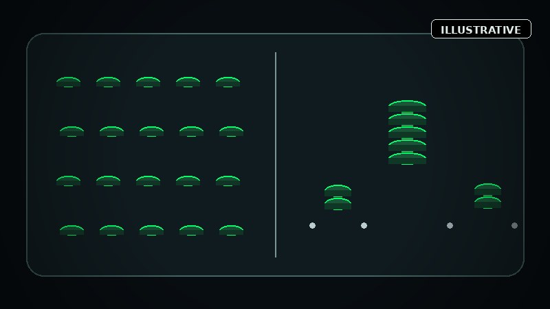 Illustrative comparison of frequent small chip outcomes and sparse larger chip stacks